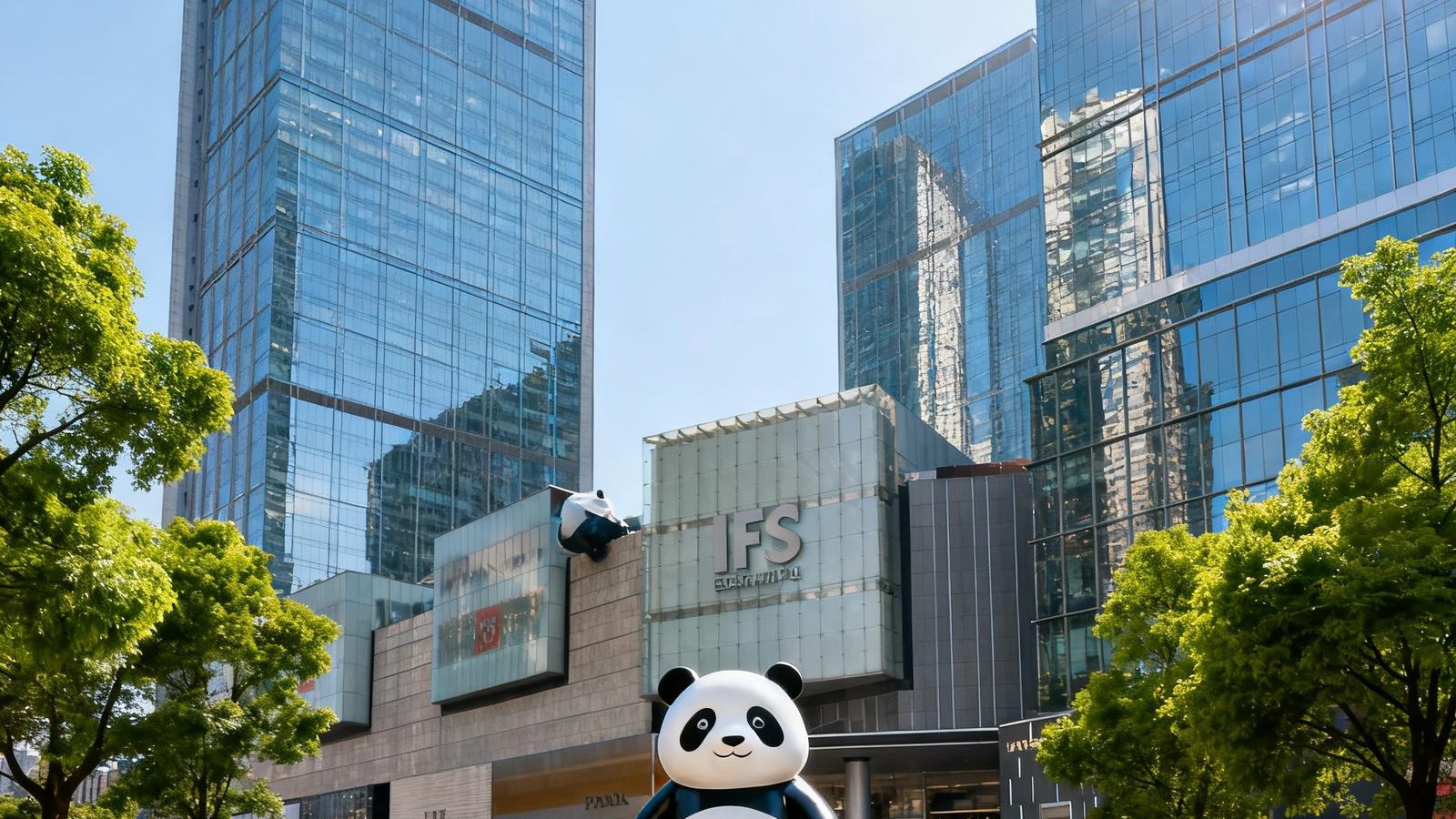 熊猫体育成都总部大楼外观，现代化玻璃幕墙建筑在晴朗天空下熠熠生辉，楼前广场上竖立着巨大的熊猫体育品牌雕塑，周围绿树成荫，行人穿梭其间